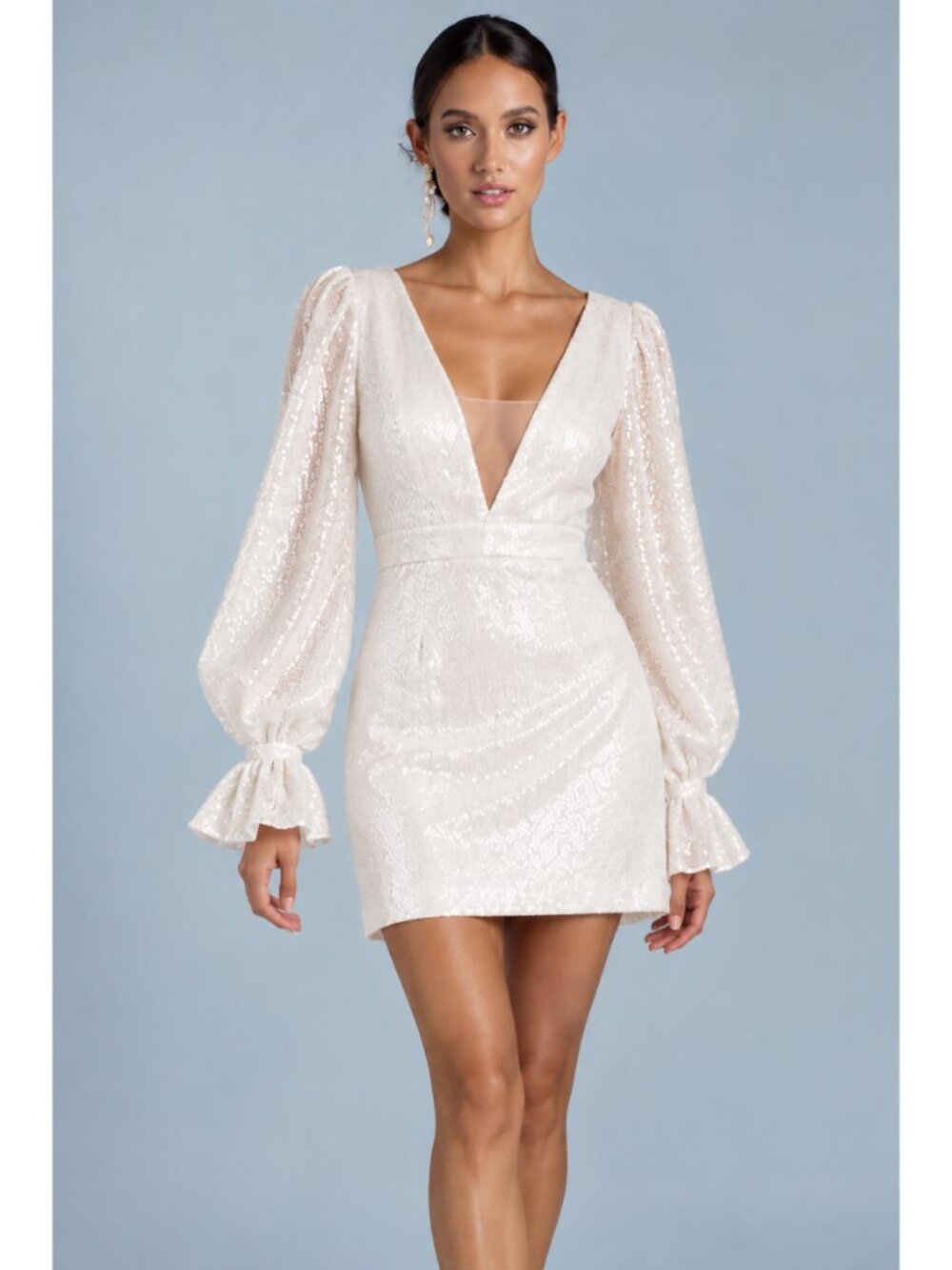 Rime Arodaky White Sequin Long Puff Sleeve Open Back Mini Dress